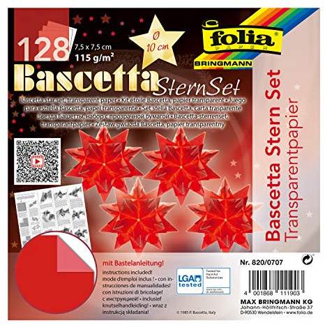 folia 820/0707 - Bastelset Bascetta Stern, Transparent rot, 7,5 x 7,5 cm, 128 Blatt, fertige Größe des Papiersterns ca. 10 cm, mit ausführlicher Anleitung - ideal zur zeitlosen Dekoration