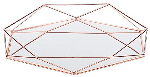 MAGT Plateau Miroir Plateau Miroir Plateau Rangement Bijoux Plateau Rangement Plateau de Rangement de Bijoux, Forme hexagonale Miroir métal cosmétique Bijoux Stockage Organisateur Plaque d'or(Or Rose)