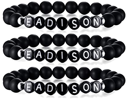 Benutzerdefinierte Name Perlen Armband : Handmade Personalisierte Initial Name Alphabet Wort Buchstabe Schwarz Matt Achat Perlen Stretch Link Armband, Geschenk für ihn ihr Freund Mama Papa, 3 Stück