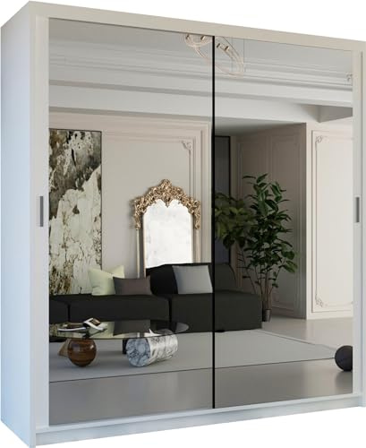 MN Furniture Modern Double Sliding Door Wardrobe 2 Mirrored Hanging Rails & Shelves Storage Cabinet for Bedroom (100cm, Houston White)