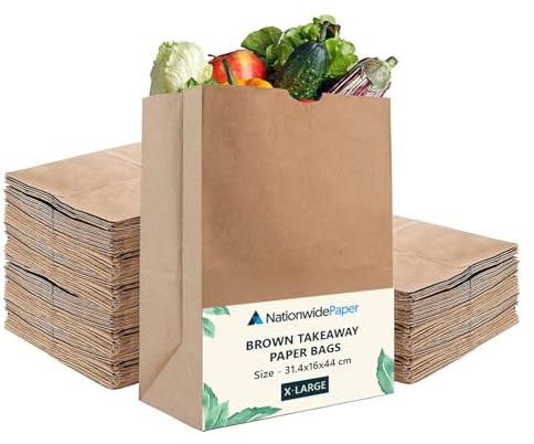 Nationwide Paper X-Large 25 Pcs Brown Paper Bags No Handles Takeaway Paper Bags for Grocery, Fruits and Vegetables-31.4x16x44cm