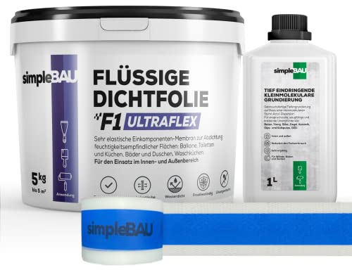 simpleBAU Flüssigfolie Dichtfolie F1 Ultraflex 5 kg + Tiefengrundierung 1L und Elastisches Dichtband 5M – Abdichtung für Bad, Dusche, Balkon – Wasserfest, Innen & Außen