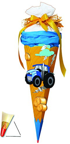 fertig gebastelte Schultüte - Traktor - 85 cm - mit Holzspitze - Zuckertüte Roth ALLE Größen - 6 eckig - Fahrzeug Landmaschine - Traktoren - für Jungen