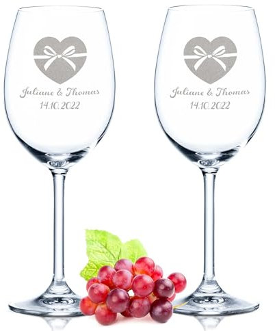 GRAVURZEILE Leonardo Verres à vin Gobelets Personnalisés avec gravure du nom et de la date dans – Cœur avec nœud – Cadeau pour mariage, fiançailles ou anniversaire – Couleur Daily