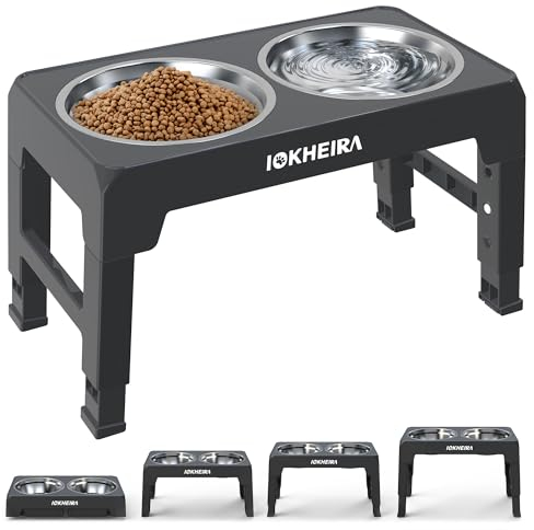 IOKHEIRA Dog Bowls with Stand,4 Heights Adjustable,Raised Dog Bowl for Large Dogs,Dog Feeding Station with 2 Stainless Steel Dog Bowls,Non-Slip elevated dog bowls
