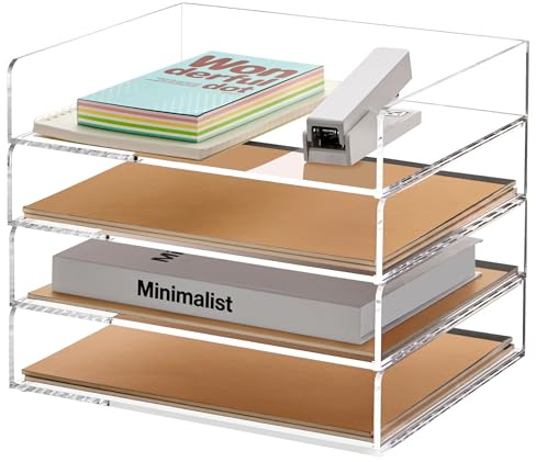 SANRUI Stapelbare Briefablage aus Acryl, transparente Papierablage, Schreibtisch-Organizer, 4 Ebenen, Schreibtisch-Organizer, Papiersortierer, Dokumentenregal für Briefe / A4, 4 Stück