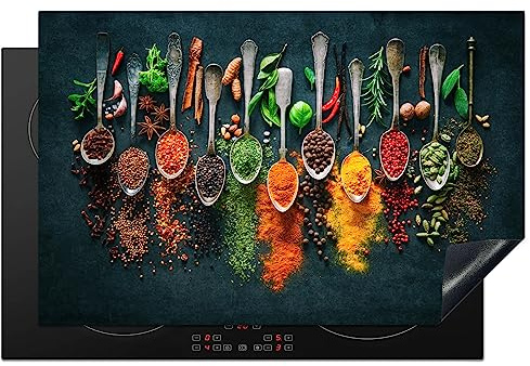 KitchenYeah© Herdabdeckplatte Einteilig Ceranfeld Abdeckplatte für | 80x52 cm - Induktionsschutz Ceranfeldabdeckung Vinyl Herdabdeckplatten Kräuter - Gewürze - Löffel - Pfeffer