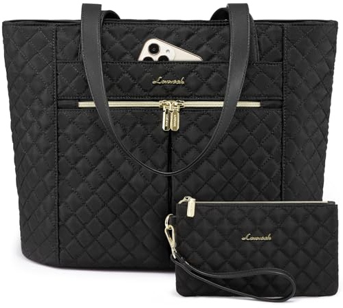 LOVEVOOK Laptop Bag for Women 15.6 inch,Diamond Quilted Work Tote Bags Womens Laptop Tote Computer Shoulder Bags,Stylish Travel Tote Bags Laptop Purse Case Briefcase Handbag with Clutch Bag,Black