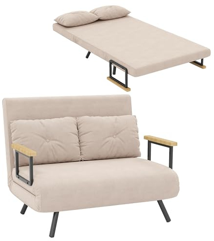 HOMCOM Sofá Cama de 2 Plazas 4 en 1, Sofá Cama Plegable Tapizado en Terciopelo con Respaldo Ajustable de 5 Niveles y Almohadas Acolchadas, para Oficina, Dormitorio, Salón, 102x73x81 cm, Beige