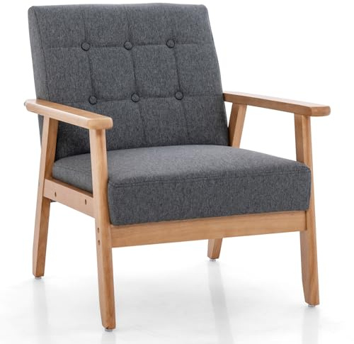 COSTWAY Butacas de Salón Moderna, Sillón Tapizado con Botones, Tela de Lino Transpirable y Marco de Madera de Caucho Macizo, Sofá Acolchado para Sala de Estar, Dormitorio (72 x 65 x 76 cm)