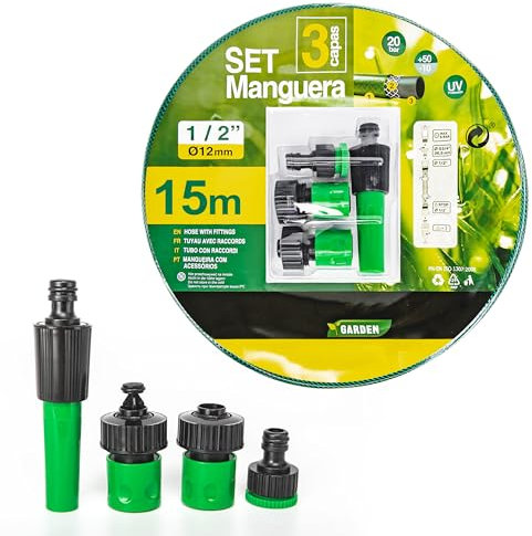 Manguera de Agua de Jardín 1/2 Pulgadas(12mm) 15m - Set Manguera con Conexión y Boquillas para Riego Reforzada 3 Capas -Presión de rotura de 20 bar