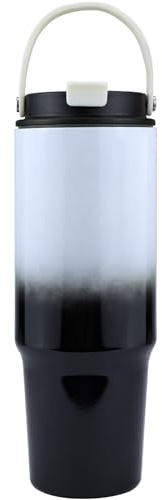 Disoza Thermobecher 30 oz Trinkbecher mit Deckel und Strohhalm Schwarz-Weiß Trinkflasche mit Strohhalm Edelstahl Tumbler Wasserflasche mit Henkel 900 ML Kaffeebecher To Go Coffee Becher mit Strohhalm