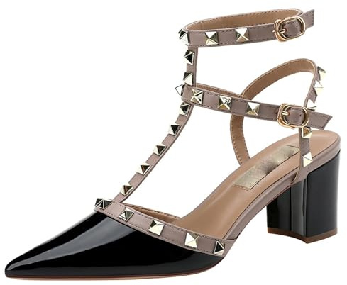 FamMe Spitze, geschlossene Zehenpartie für Damen, klobige Blockabsätze mit nietenbesetzten T-Riemen-Pumps, Slingback-Niete, Knöchelriemen, Kleid, Party-Sandalen, Schuhe