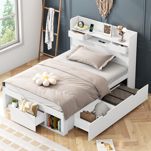 WIZBED Holzbett Einzelbett 90x200cm mit Schubladen, USB & Stauraum Kopfteil, Massivholz Bettgestell mit Lattenrost, Stauraumbetten, Jugendbett, Kinderbett, ohne Matratze (weiß, 90x200)