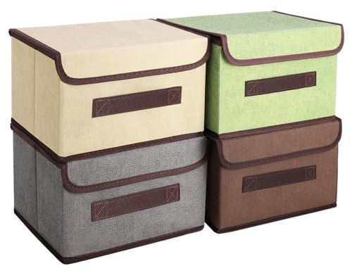 4 Pack Foldable Storage Boxes with Lids, Fabric Fabric Storage Boxes with Handles, Collapsible Storage Box for Clothes, Toys, Books, Closet, Bedroom, Home, 25*19*16cm(Beige, Coffee, Gray, Green)