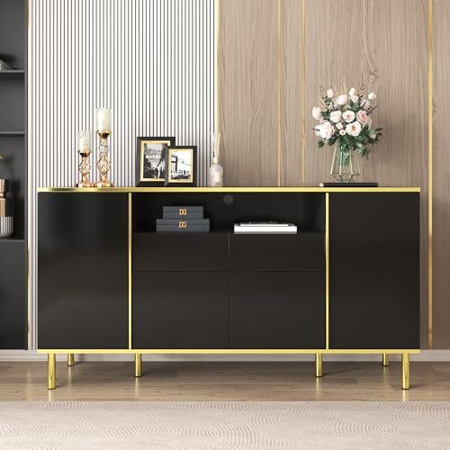 REXO Hochglänzendes Schubladen kommode mit 2 Schubladen Kommode Schlafzimmer Schubladenschrank, Sideboard, Hochglänzendes Sideboard-B150/T40 /H80cm (Schwarz)