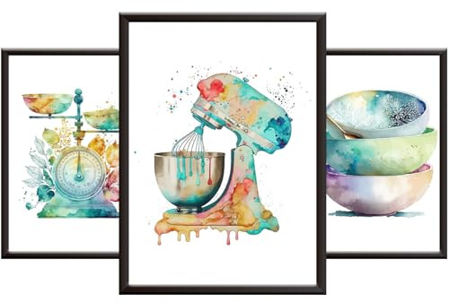 Watercolour Kitchen Prints for Wall - Set of 3 Framed Posters or Framed | Kitchen Wall Art Decor - Multi-coloured Abstract Pictures of Cooking / Baking Equipment
