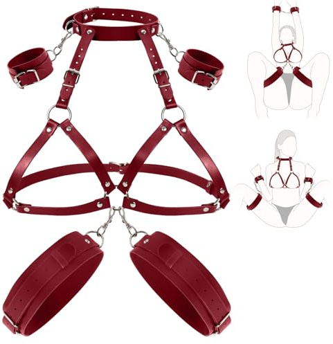 BDSM Bondageset Brustfesseln – Leder Geschirr mit Handschellen Oberschenkelmanschetten, Sexspielzeug für Paare Extrem Sex, Sexy Dessous Damen Harness von Hals bis Oberschenkel, Rot