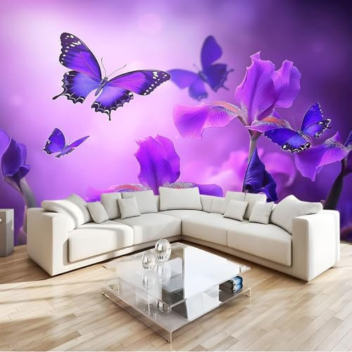 Art Fototapete Lila Irisblüten Und Schmetterling Vlies Tapeten Wandtapete 200x140 cm Moderne Wanddeko Design Wand Dekoration Wohnzimmer Schlafzimmer
