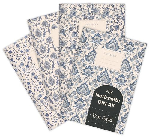 etmamu 1073 4er-Set Notizheft A5 | Ornamente Blumen- und Damastmustern | für Notizen, Skizzen, Bullet Journal & Planungen | Punktraster