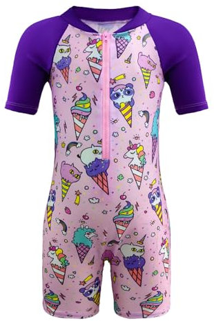Aduya Costume da bagno intero per ragazze Costume da bagno per bambini Unicorno Costumi da bagno Lesioni Cerniera Tuta Rash Guard Surf Beachwear Protezione UV Costume da bagno, S021-viola, 5-6 Anni