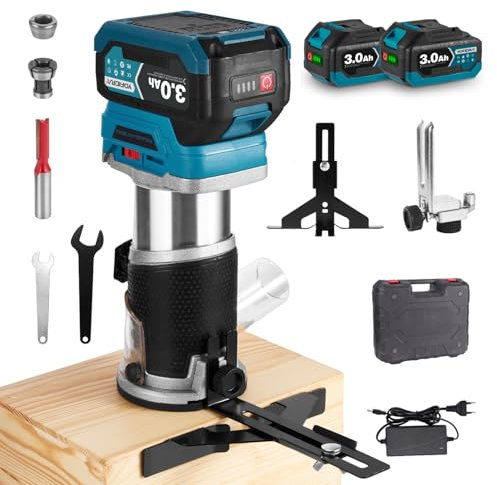 YOFIDRA Défonceuse Affleureuse 21V Sans Fil, 800W Brushless 30000r/min, 2 Batteries 3.0Ah avec Chargeur, 6 Vitesses, Outil Électrique avec Pinces 6.35mm/8mm pour Travail du bois