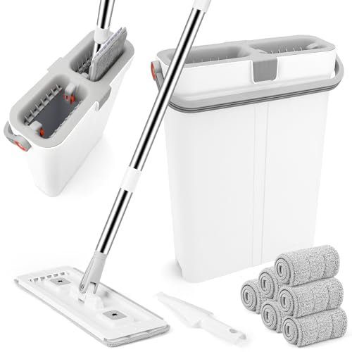 Mocio Piatto e Secchio Strizzatore 4 in 1 GIOVARA Mocio Lavapavimenti e Secchio con 6 Panni in Microfibra Mocio Piatto Rotante 360° Secchio in Manico Acciaio per Tutte le Superfici Lisce
