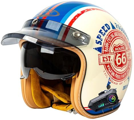 Vintage Bluetooth Casque De Moto Jet ECEDOT Homologué Face Ouverte Casque Mobylette Adulte Demi Casque avec Visière Scooter Casque Sécurité pour Homme Et Femme 6,XL:61-62CM