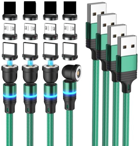 BITHAI Magnetic Charging Cables 4-Pack, 540° Rotating Phone Charger, 3-in-1 Nylon Braided USB Cable for Type C, Micro USB (1.6ft*4)