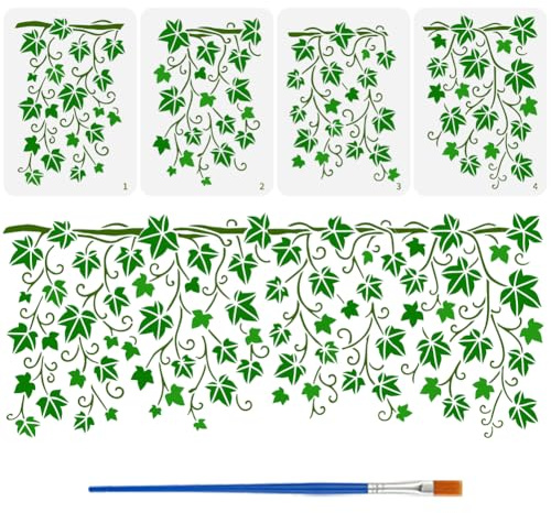 FINGERINSPIRE 4 Pz Stencil per Pittura a Forma di Vite Edera con Pennello, 29.7x21cm Motivo Patchwork a Forma di Edera Riutilizzabile Modello Decorativo per Piante in PET per Dipingere su Pareti