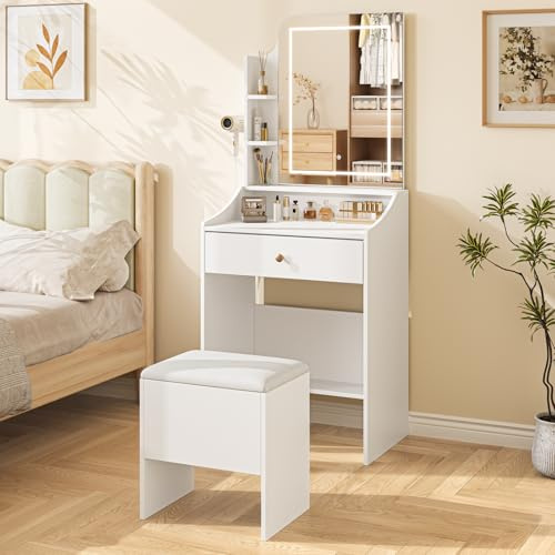 Dripex Schminktisch mit Beleuchtung, Kosmetiktisch mit Hocker und Spiegel, 3 Farben mit Einstellbarer Helligkeit, Vanity Desk für Make Up, 62x150 cm, Weiß (62Bx150H)
