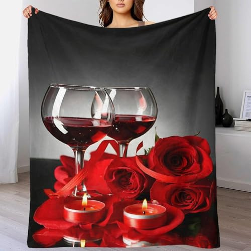 Rose Wine Glass - Romantic Valentine Flannel Fleece Blanket Throw Super Soft Lightweight Plush Blanket,Sofa Couch Bed 3D Printed Design Cozy Home Blanket for Travel Gift Use 50x60inch(127x152cm)
