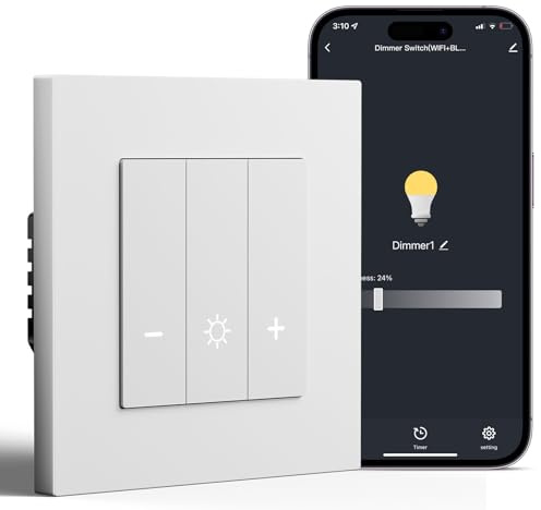 BSEED WiFi Dimmer Schalter mit PC Rahmen,1 Fach 1 Weg Smart Dimmschalter, Kompatibel mit Amazon Alexa & Google Home, Lichtschalter Dimmbar für led lampen 240V,Weiß(Neutralleiter Erforderlich)
