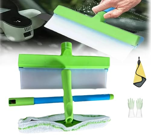 Alisenta Recyclable Silicone Window Squeegee Kit, Alisenta Window Squeegee, Complete Glass Cleaning Set with Silicone Squeegee & Microfiber Scrubber for Shower, Mirror, Door & Car Cleaning (Green)