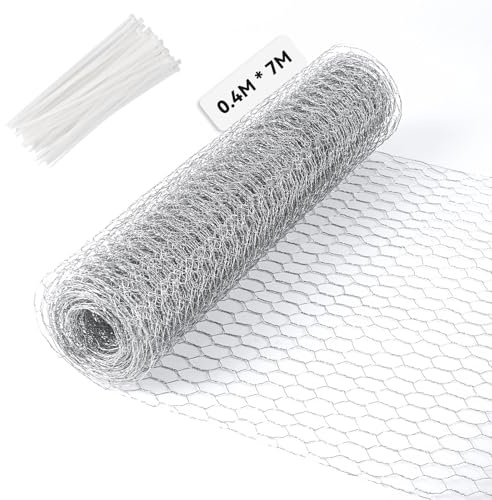 Kanintråd, 40 cm x 7 m kaninnät, nätstaket, sorkgaller, med 100 buntband, förzinkat hönsnät, finmaskigt, nätnät för djurstaket, hönsnät för uppbäddning och små djur