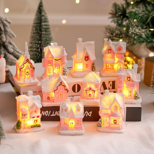 Weihnachtsdeko Weihnachtsdorf mit Beleuchtung, 10er Weihnachtsdeko Innen Mini Lichthaus Harz, LED Weihnachtshäuser Beleuchtet, Deko Weihnachten Weihnachtsbeleuchtung Innen für Weihnachtsdeko Tisch (A)
