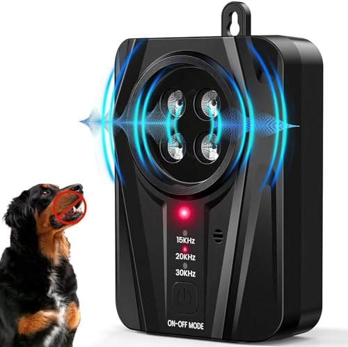 QueenMew Anti Barking Device for Dogs, 3 Modes Ultrasonic Bark Stopper with 4 Ultrasonic Transmitters, Rechargeable Ultrasonic Dog Barking Deterrent 50FT, Safe for Indoors Outdoors Puppy Large Dogs