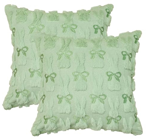 Artoid Mode Künstliche Pelz Grün Schleifen Hasen Ostern Kissenbezüge 2er Set, 45x45 cm Plüsch Samt Sofakissen Zierkissenbezug Schlafzimmer Deko
