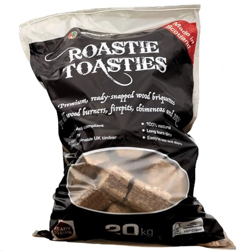 20kg Bag Roastie-Toasties Premium Wood Briquettes Heat Logs - 100% Sustainable Dry Compressed Logs - Fuel Wood Burners Multi-Fuel Stoves Stoves BBQ Barbecue Open Fires Chimeneas Firepits