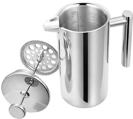 Hand Press Coffee Maker - Frenchh Press, Stainless Steel Double-Layer Infuser with Easy-Clean Filter System | Cold Brew, Tea, and Coffee Maker for Kitchen, Cafe, Travel, Men, Women, Professionals