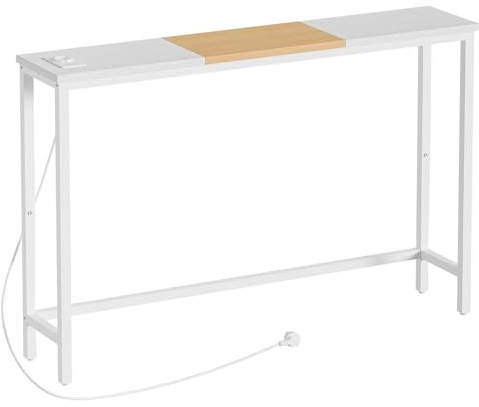HOOBRO Schmaler Konsolentisch mit Ladestation, schlanker Tisch hinter dem Sofa, Eingangstisch mit Steckdose und USB-Anschlüssen, Wohnzimmer, Flur, Weiß und Naturfarbe EWN114CXG01