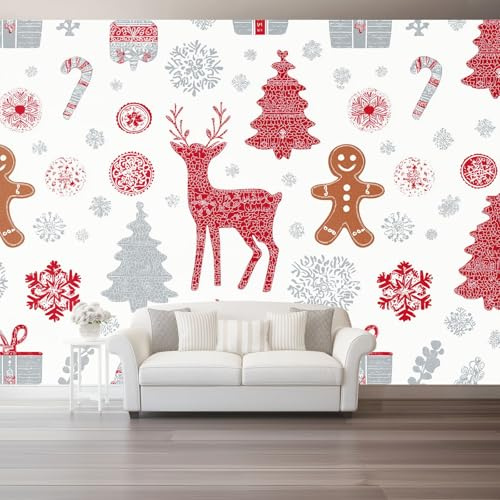 Fototapete Weihnachtsbaum Schneeflocken Rentier - Weiß Tapeten Wanddeko 300 x 210 cm Wandbild Moderne Wandtapete Büro Flur Vlies Tapete Wohnzimmer Schlafzimmer Dekoration