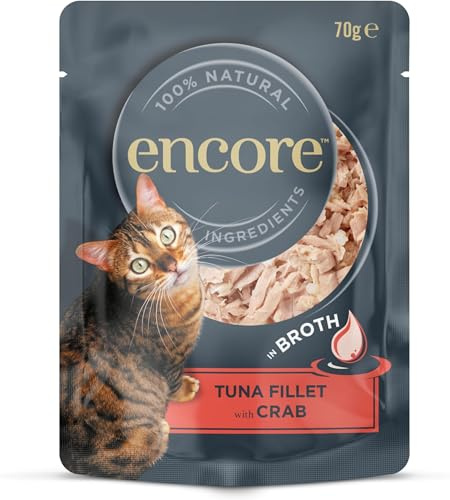 Encore 100% Natural Wet Cat Food Pouch, Succulent Tuna with Pacific Crab in Broth 70g Pouch (16 x 70g Pouches) (Pack of 12)