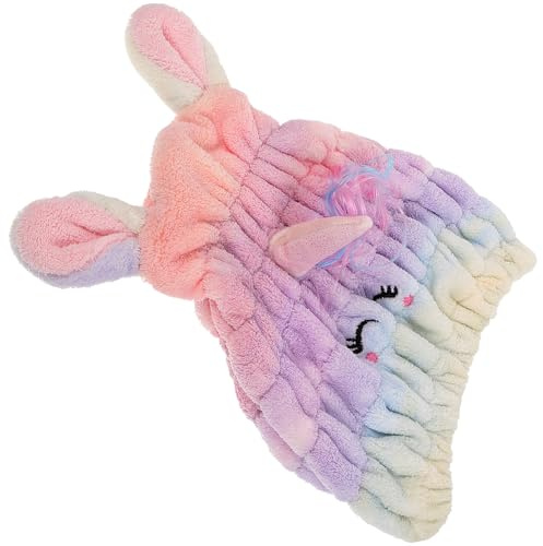 VALICLUD Weiches Korallenvlies Haarhandtuch mit Einhorn Motiv Saugfähige Haartrockenhaube aus Polyester für Damen Schnelles Trocknen nach Bad und Spa