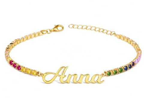 Sakrami Tennis-Armband mit Namen, personalisierbar, aus rhodiniertem oder vergoldetem 925er-Silber, mit weißen und rosafarbenen Zirkonia, Geschenk für Damen, Mädchen, Abschlussfeier, Geburtstag