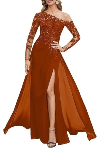 TANPAUL Glitzernd Pailletten Abendkleider Elegant für Hochzeit One Shoulder Spitzen Brautmutterkleider Langen Ärmeln Abendkleid mit Schlitz