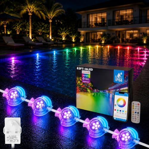Soiarllt 25m 16 Lampes Swimming Pool Lights Underwater with APP & Remote | IP68 RGB Pond Lights Mains Powered, 16 Million Colors, 44 Modes, Timer, Submersible LED Pool Lights for Garden Fountain