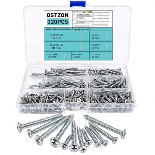 320 Pcs Wood Screws Assortment, M4 Self Tapping Screwss | Assorted Cross Flat Countersunk Wood Screw Sets Mixed BoxScrews for Wood Chipboard Floorboard Outdoor Deck Screws