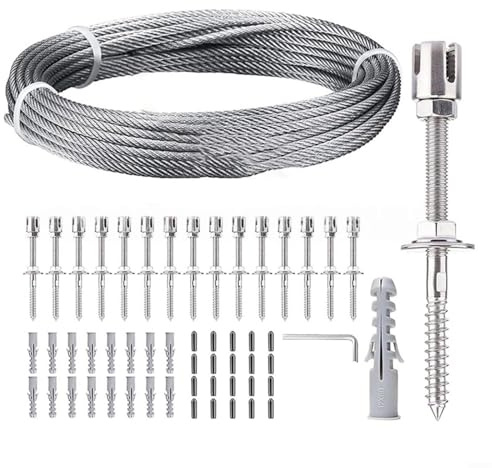 Kit de treillis en acier inoxydable pour plantes grimpantes - Système de câble métallique 304 de 12 m ou 16 m de long - Treillis mural inoxydable pour jardin, balcon, terrasse - Accessoires de