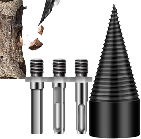 Firewood Splitter Drill Bit, Removable Log Wood Splitter Drill, Drills Screw Splitting with 3 Drills Attachments, Splitting Wood Cone DrillBit Set, for Walnut Oak Home Farm Camping